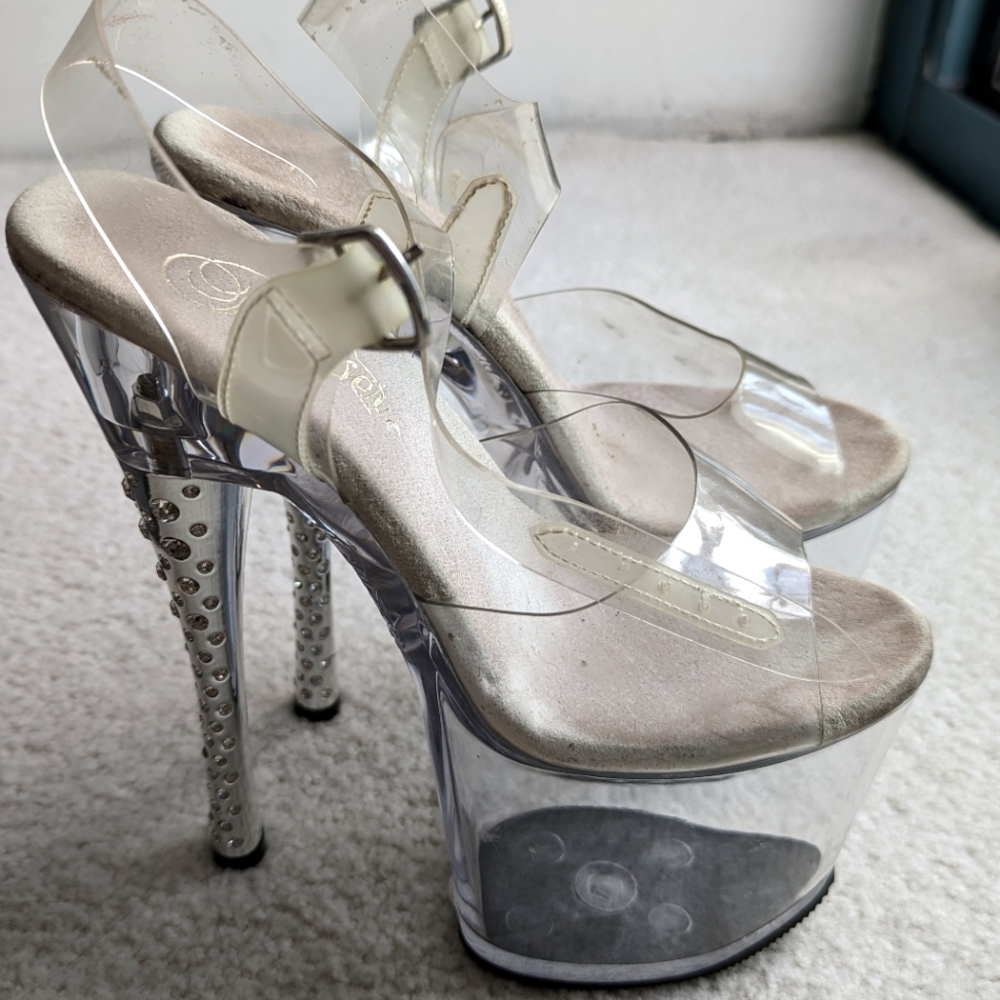 Pleaser 7-inch clear heels with rhinestone detail